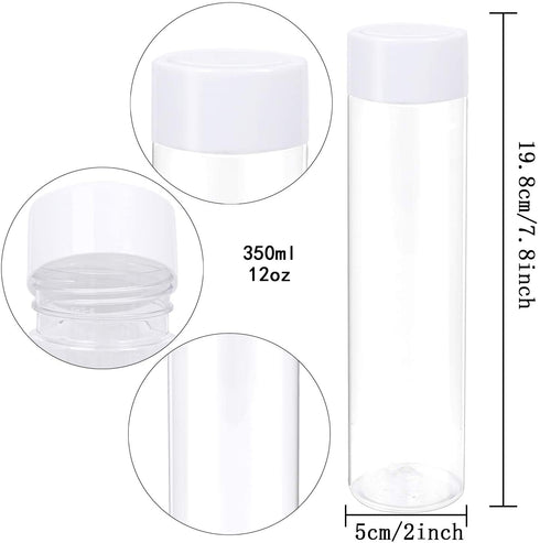 ANECO 12 Pack 12 Ounce PET Empty Juice Bottles with Lids Reusable Clear Drink Containers for Storing Juice, Milk, Smoothie or Homemade Beverages (White lids)