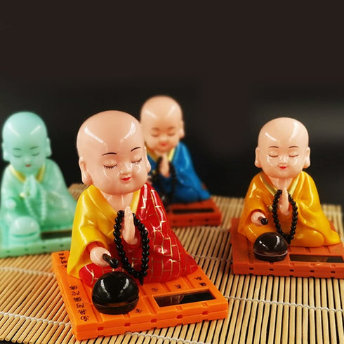 FAVOMOTO Little Monk Figurine Solar Head Toys Funny Car Shaking Head Toy Chinese Little Buddha Monk Statue Car Dashboard Ornament Home Decorations