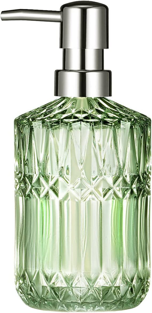 TISUZXCV Diamond Design 12 Oz Green Glass Soap Dispenser,Refillable Lotion Soap Dispenser for Bathroom, Kitchen, Hand Soap, Dish Soap ,Shampoo , Ideal for Bathroom Countertop. (Clear Green)