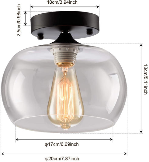 Semi-Flush Mount Ceiling Light Glass Shade Ceramic Holder Industrial Island Modern Lighting Fixture Indoor for Living & Dining Room Entryway Loft (Bulb Not Included) (Clear)
