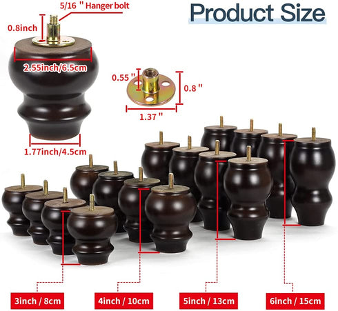 Wooden Round Gourd Furniture Legs 3 Inch Set of 4 Mid-Century Modern Sofa Couch Chair Armchair Night Stand Recliner Dresser Cabinet Feet Legs with Pre-Drilled Bolts (3" / 8cm, Walnut)
