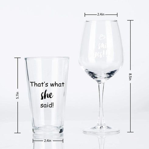 I Said Yes, That's What She Said Wine Glass and Beer Glass Set for Him Her Couples Newlyweds, Novelty Wine Gift for Engagement Proposal Valentine's Day Wedding Bridal Shower, 15Oz (Set of 2)