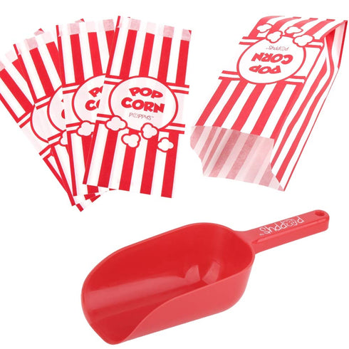 Poppy's Plastic Popcorn Scoop Bundle - 50 Bags and Plastic Popcorn Scooper, Popcorn Machine Accessories for Popcorn Bars, Movie Nights, Concessions