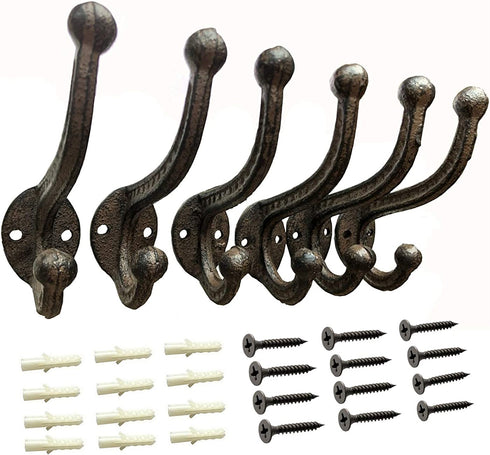 Rustic Brown Cast Iron Hooks,Antique Old Shabby Chic Cast Iron Hooks, Wall Mounted Hooks (Set of 6) Ymaiss Vintage Inspired Coats, Bags, Hats, Towels,Matching Screws Included
