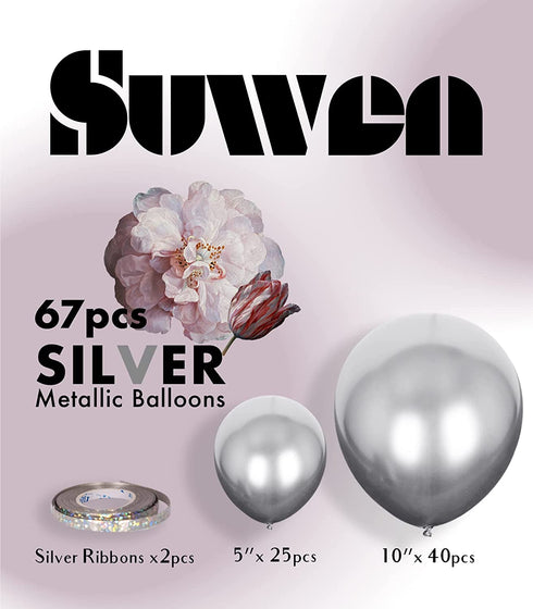 SUWEN Silver Metallic Balloons Kit 67PCS 10 Inch 5 Inch Different Sizes Latex Helium Shiny Chrome Silver Balloons for Birthday Graduation Anniversary Party Decorations