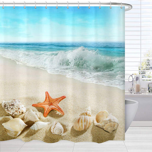 Beach Shower Curtain Washable, Seashells Starfish Conch Waves Ocean Bath Curtains, Blue Fabric Waterproof Bathroom Curtain Set with Hooks