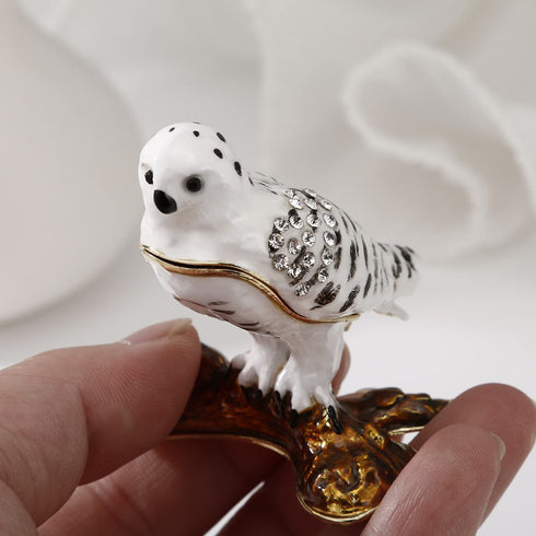 Hand Painted Enamel Bird Trinket Box, Hinged Jewelry Organizer with Crystals, Ring Earrings Storage, Unique Home Decor Figurine Keepsake Collectible, Personalized Elegant Handmade Ornament (Snowy Owl)