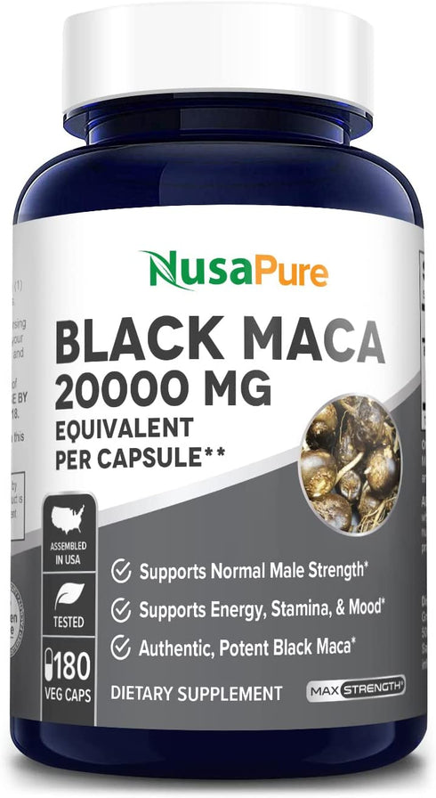 Black Maca Root 20,000 mg 180 Veggie Capsules (Vegan, Non-GMO, Gluten-Free) Max Strength,40:1 Extract
