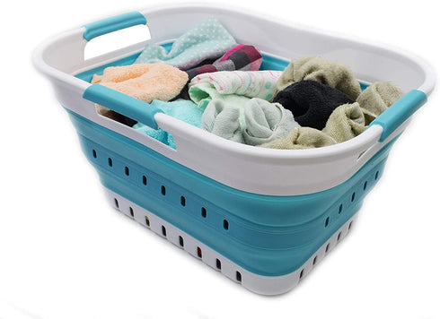 SAMMART 19L (5 Gallon) Collapsible Super Mini 3 Handled Plastic Laundry Basket - Foldable Pop Up Storage Container/Organizer - Space Saving Hamper/Basket (1, White/Bright Blue)
