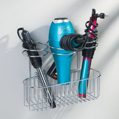 mDesign Bathroom Wall Mount Hair Care & Styling Tool Organizer Storage Basket for Hair Dryer, Flat Iron, Curling Wand, Hair Straighteners, Brushes - Durable Steel Wire in Chrome Finish
