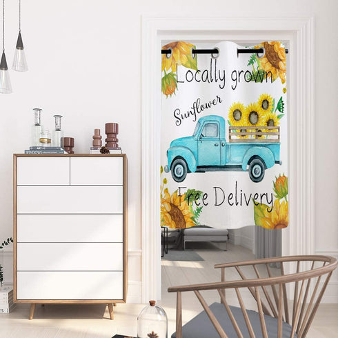 WARM TOUR Window Curtain Panel Blue Truck with Sunflowers Printing Decor Durable Drapes for Bedroom Kitchen Living Room Farm Country Theme 52×36Inch