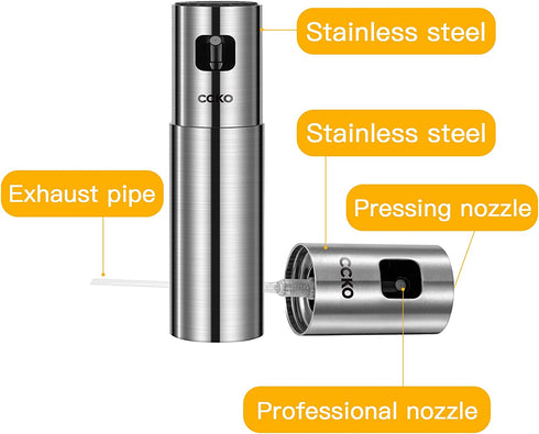 CCKO Oil Sprayer for Cooking Air Fryer Stainless Steel Olive Oil Sprayer Mister 100ML Portable Olive Oil Spray Bottle for BBQ,Salad, Kitchen Baking,Frying,Roasting,Grilling