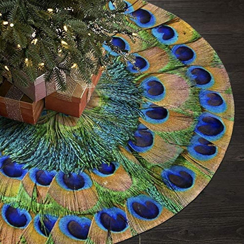 Peacock Feathers Christmas Tree Skirt 36 in for Christmas Decorations Skirt Rustic Xmas Holiday New Year Party Tree Mat Decor Indoor Outdoor Christmas Tree Mats