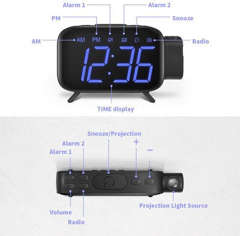 Alarm Clock Projection Clock Digital with Power Adapter and Brightness Adjustment for Home and Bedroom Blue
