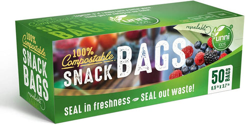UNNI 100% Compostable Snack Bags, Resealable Compostable Food Storage Bags, 50 Count, 6.5 x 3.7 inches, Earth Friendly Highest ASTM D6400, US BPI and Europe OK Compost Certified, San Francisco