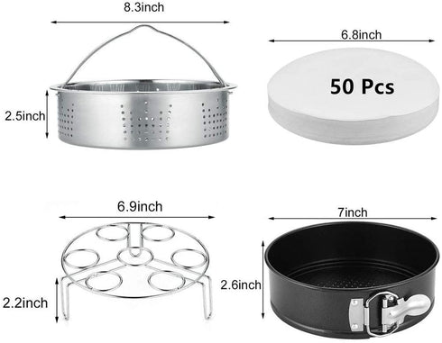 Steamer Basket, Egg Rack Holder, 7" Non-stick Springform Cake Pan, 50 Pcs Cake Paper for Instant Pot Accessories, Vegetable Food Steamer Rack. Fit Pot 5,6,8 qt Pressure