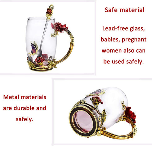Tea Cup, Mother's Day Gifts, Coffee Mug, Clear Glass Cups with Spoon Set, Handmade Butterfly, Unique Rose Flower Enamel Design, Birthday Decoration Wedding Gift Ideas (Red Tall)