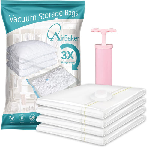 AirBaker Vacuum Storage Bags Hand Pump Included for Comforters Blankets Clothes Pillows Travel Space Saver Seal Bag (4 JUMBO)