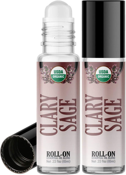 Organic Clary Sage Roll On Essential Oil RollerBall (2 PACK - USDA CERTIFIED ORGANIC) Pre-diluted with Glass Roller Ball for Aromatherapy, Kids, Children, Adults Topical Skin Application - 10ml Bottle
