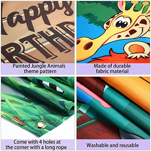 Jungle Animal Theme Birthday Party Decorations, Extra Large Fabric Safari Animal Elements Printed Happy Birthday Backdrop Funny Cartoon Forest Banner Background for Birthday Party Supplies, 6 x 3.6ft