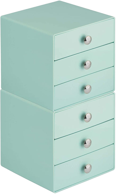 iDesign 3-Drawer Plastic Vanity Organizer, Compact Storage Organization Set for Dental Supplies, Hair Care, Bathroom, Office, Dorm, Desk, Countertop, Office, 6.5" x 6.5" x 6.5", Mint Green