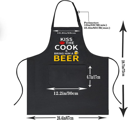 Funny Chef Aprons for Men with Pockets, Kiss the Cook Kitchen BBQ Cooking Dad Apron, Grill Gifts for Birthday Christmas Thanksgiving Fathers Day