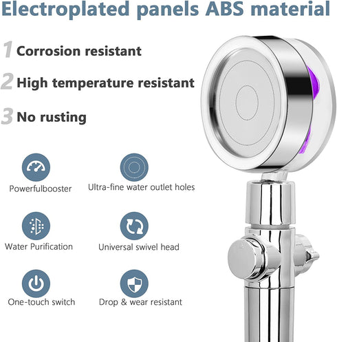 Handheld Shower Head Turbocharged Unique Propeller Design with Filter and Pause Switch Adjustable Flow, 360 Degrees Rotating(Purple)