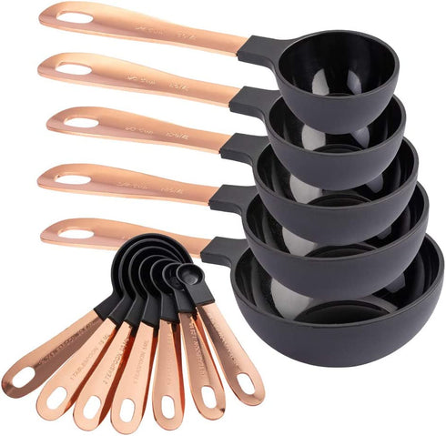 COOK WITH COLOR Measuring Cups Set - 12 PC. Plastic Nesting Kitchen Measuring Set and Spoons with Copper Coated Stainless Steel Handles - Liquid Measuring Cup Set - Dry Measuring Cup Set (Black)