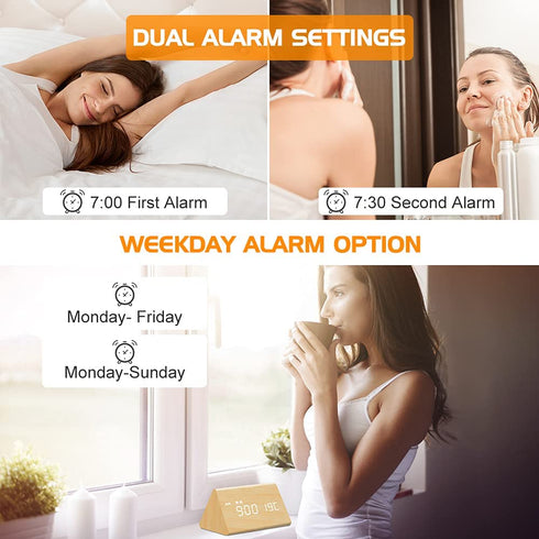 MOSITO Wooden Digital Alarm Clock with 0-100% Dimmer, Dual Alarm, Weekday /Weekend Mode, Snooze, Wood Made LED Clocks for Bedroom, Bedside, Desk, Kids (Bamboo)