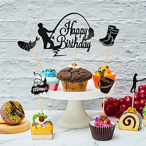 41 Pieces Gone Fishing Cupcake Topper Happy Birthday Cake Topper Fisherman Cake Decoration Fish Topper Picks Glitter for Men Boy Birthday Fishing Theme Party Supplies (Black)