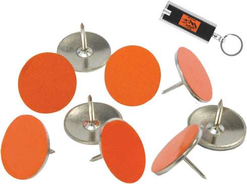 Orange Reflective Tacks 100 Pack Trail Marking Tacks, Glow Tacks, Hiking Markers, Trail Marking Reflectors, Mark Trail Reflective Thumb Tacks for Hunting, Orange Tacks with Included LED Keychain Light