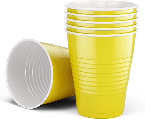 DecorRack 80 Party Cups, 16 oz -BPA Free- Plastic Soda Cups, Perfect for Birthday, Picnic, Indoor and Outdoor Event, Stackable, Reusable, Disposable Round Beverage Drinking Cup, Yellow (Pack of 80)