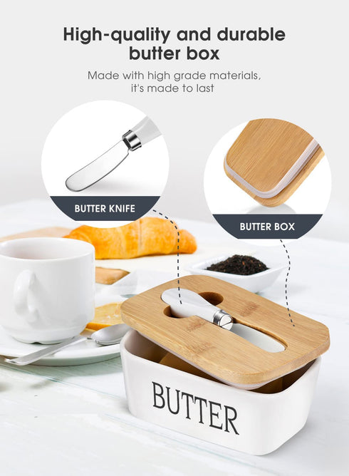 AISBUGUR Large Butter Dish with Lid Ceramics Butter Keeper Container with Knife and High- quality Silicone Sealing Butter Dishes with Covers Good Kitchen Gift White