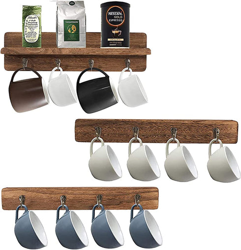 YCOCO Vintage Wood Coffee Mug Holder Stand Wall Mounted, for Coffee Mugs Cups and Tea Cup Storage Rack Holds 12 Mugs,Set of 3