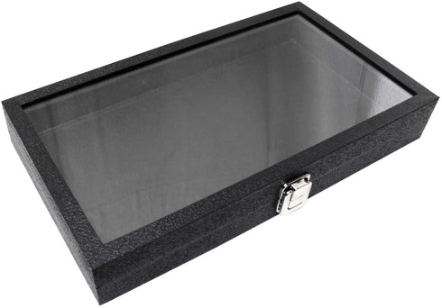 Ikee Design Leatherette Wooden Jewelry Display Case with Glass Top and Black Velvet Pad, Home Organization Storage Box, Wooden Jewelry Tray for Collectibles, 14.75"W x 8.25"D x 2.13''H