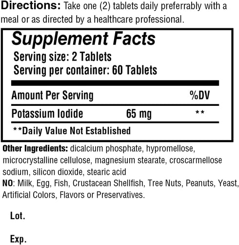 Safrel Potassium Iodide 65 mg, 60 Tablets | Thyroid Support | Made in USA | Non-GMO Verified | Ki Pills Potassium Iodine Tablets - YODO Naciente (60 Count (Pack of 1))