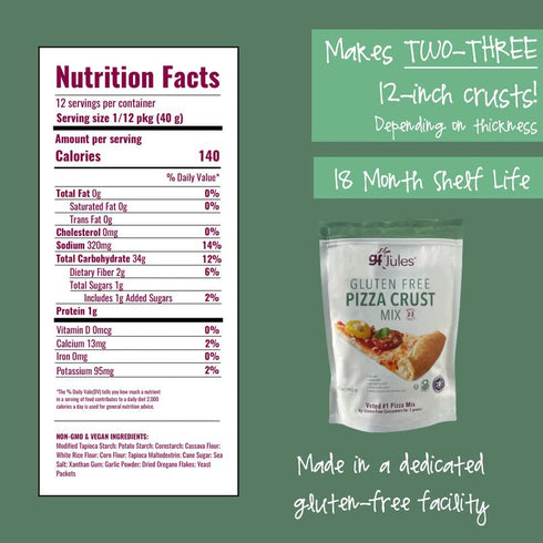 gfJules Certified Gluten Free Pizza Crust Mix | Non-GMO, Vegan, Kosher & Top 8 Allergen Free | Dough Mix | Makes two-three 12 in. Crusts | 17oz Resealable Pouch