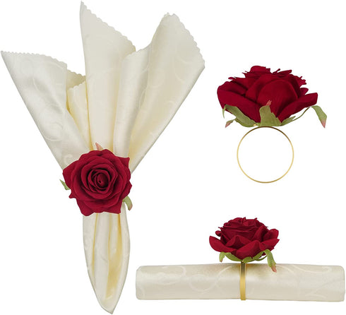Valentine's Day Rose Napkin Rings Set of 6, Artificial Rose Napkin Rings with Gold Metal Holder Design for Wedding Party Holiday Banquet Anniversary Dining Table Settings Decor (Red Rose)
