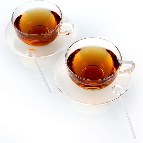 Teabloom Kyoto Teacup and Saucer Set 2-Pack Standard Teacup Size 6 OZ/ 180 ML Capacity Crystal Clear Design Healthful Premium Borosilicate Glass Heat Resistant, Microwave Safe
