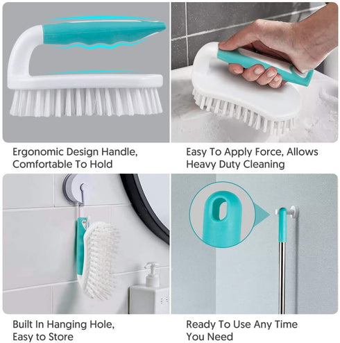 MEXERRIS Scrub Brush with Floor Scrubber Deck Brush Long Handle Combo Cleaning Kits, Stiff Bristles Durable Scrubbing Grout Brushes for Carpet Bathroom, Shower, Sink, Bathtub, Tile, Kitchen Surface