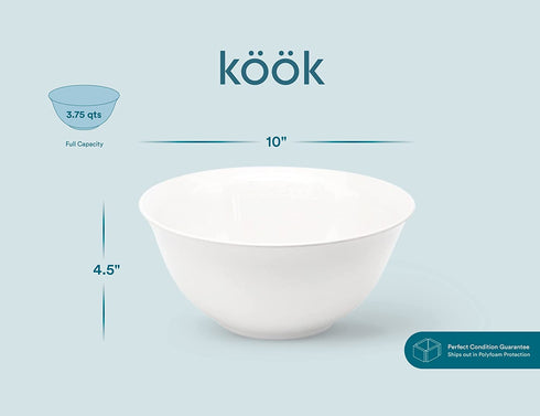 Large Serving Bowls, By Kook,Ceramic Make, For Snacks, Salad, Pasta, White, Set of 2, 9.25 inch, 3.75qt