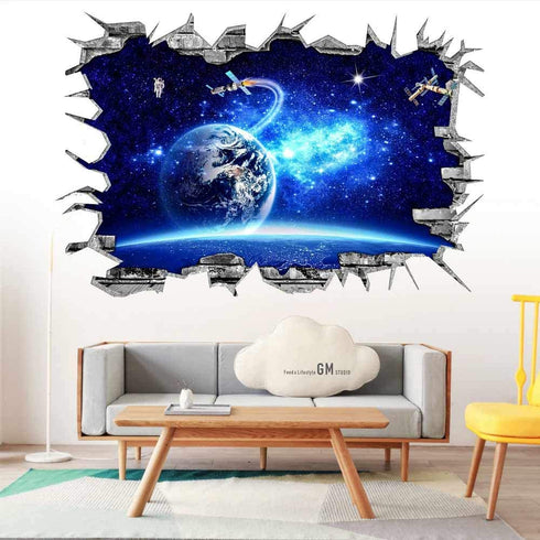 3D Blue Cosmic Galaxy Earth Satellites Wall Decals Magic Milky Way Outer Space Planet Broken Wall Stickers Murals Decor for Home Floor Ceiling Boy Girls Room Kids Bedroom