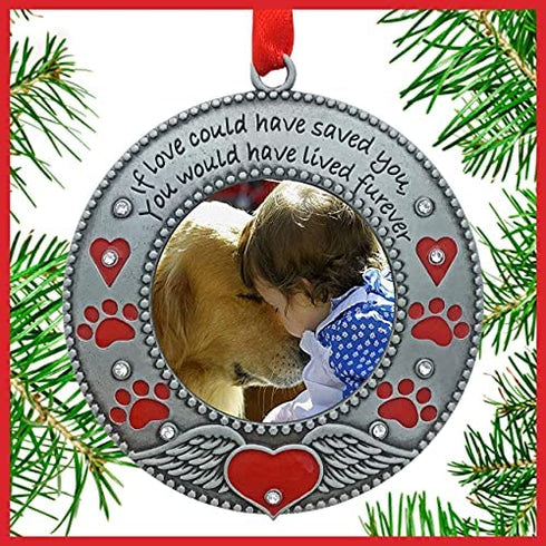 In Loving Memory Pet Ornament - Dog Memorial Christmas Photo Ornament - Furever in My Heart - Red Hearts with Angel Wings & Paw Prints - Cat Sympathy Gifts - Loss of a Pet - Gift/Storage Bag Included