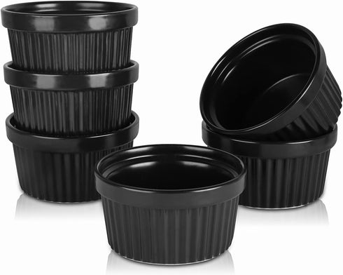 KitchenTour Porcelain Souffle Dishes 8 Ounces Ramekins for Baking Souffle, Creme Brulee - Set of 6, Black