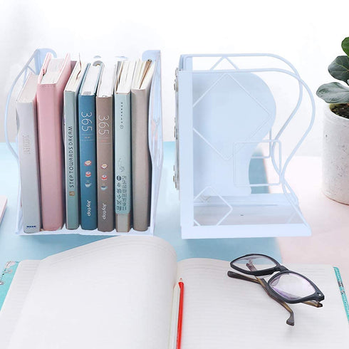 Qualsen Adjustable Bookends Metal Book Ends Book Organizer Heavy Duty Bookends for Kids Bookends Non Skid Desktop Book Stand Holder for Desk Shelf Office, Water Cube White