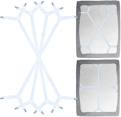 Siaomo Bed Sheet Fasteners Straps - 2 Way Adjustable Crisscross Sheet Corner Holder Straps Clips Gripper Elastic Sheet Band Suspenders Fasteners(2 Set/4Pcs, White)