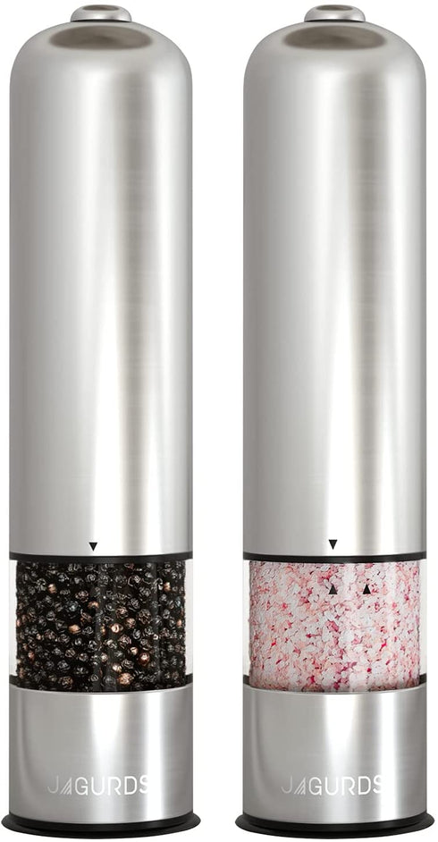Electric Salt and Pepper Grinder - Automatic, Refillable, Battery Operated Stainless Steel Spice Mills with Light - One Handed Push Button Peppercorn Grinders and Sea Salt Mills