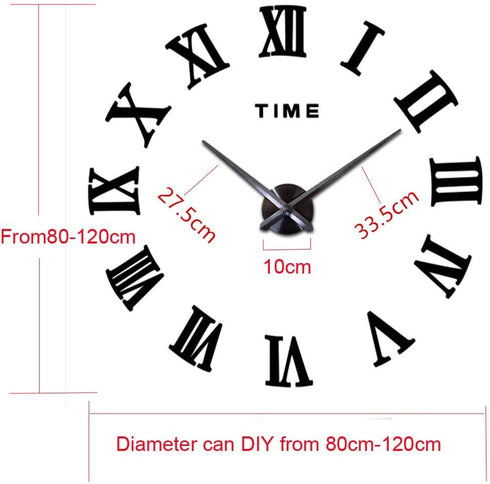 Mila 3D Frameless Wall Clock Large DIY Wall Sticker Decorations for Living Room Bedroom Office (Black)
