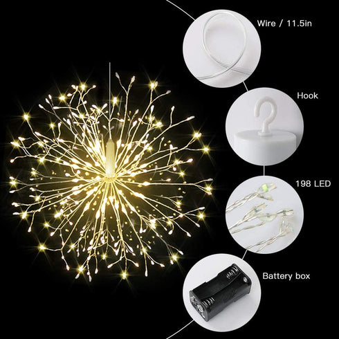 4Pack 200LED Starburst String Lights Christmas Light Copper Wire Battery Operated Hanging Fairy Patio Light with Remote Wedding Christmas Decorative Lights White Dandelion Lights for Party Garden