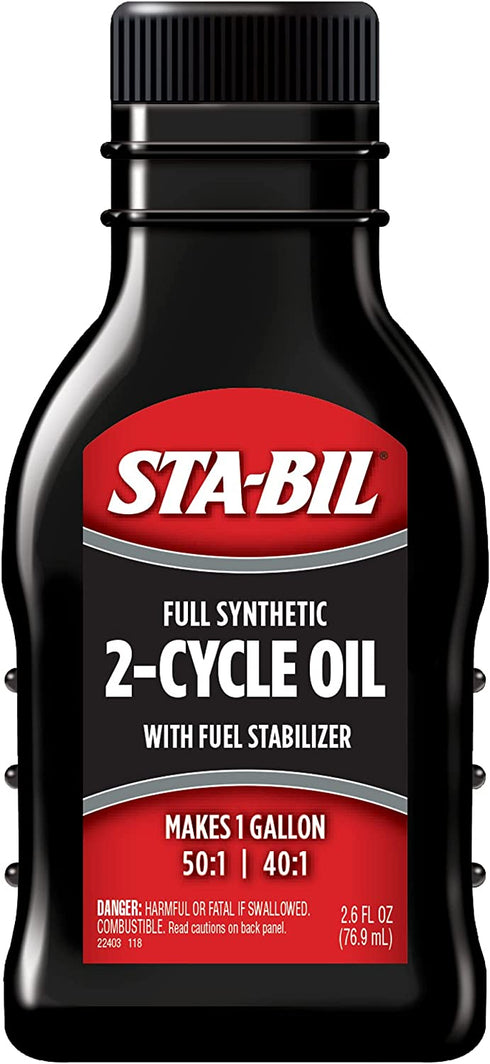 STA-BIL Full Synthetic 2-Cycle Oil - With Fuel Stabilizer For Up To 12 Months Protection - 5 Gallon Multi-Mix - 50:1/40:1 Mix Ratios - Low Smoke Formula, 2.6 fl. oz. (22403)